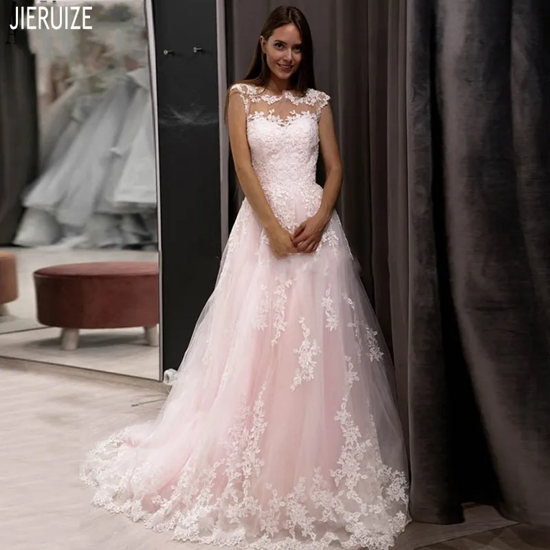 

JIERUIZE Modest Pink Wedding Dresses O Neck Cap Sleeve Lace Appliques Button Back Long A Line Wedding Gowns vestido de noiva