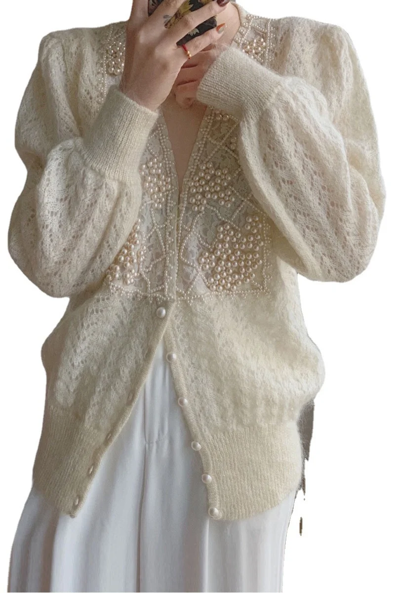 

2021 Pearl inlaid cardigan mohair sweater coat women's autumn and winter new soft waxy lazy wind wisp empty loose top