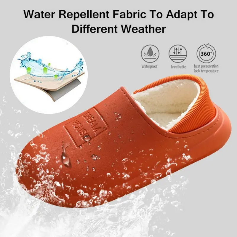 

Adisputent Winter Waterproof Indoor Slippers Women Men Shoes Plush Warm House Thick Kitchen Work Shoes Non-Slip Lazy Mule Slides