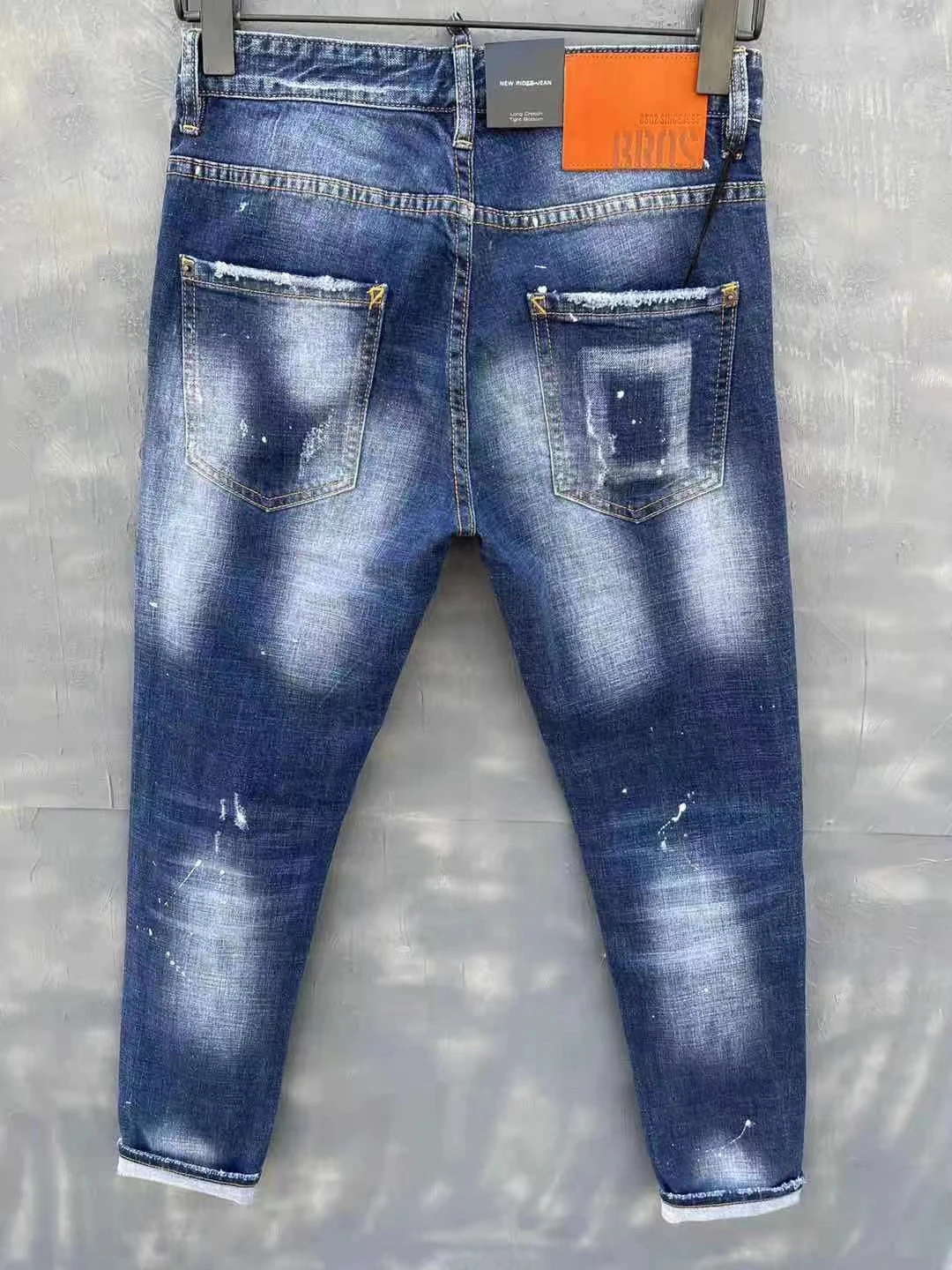 2022 Spring Summer DSQUARED2 Men's/Women's Washed Blue Simple Slim-Fit Stretch Hole Patch Jeans 9150