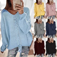 2022 spring and autumn new womens new large sweater womens lace up v neck loose sweater looks thin