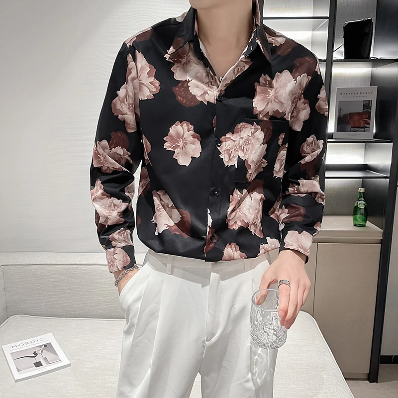 2021 Flower Printed Men's Shirt Autumn Long Sleeve Loose Street Casual Shirt Social Party Male Clothing Nightclub Chemise Homme