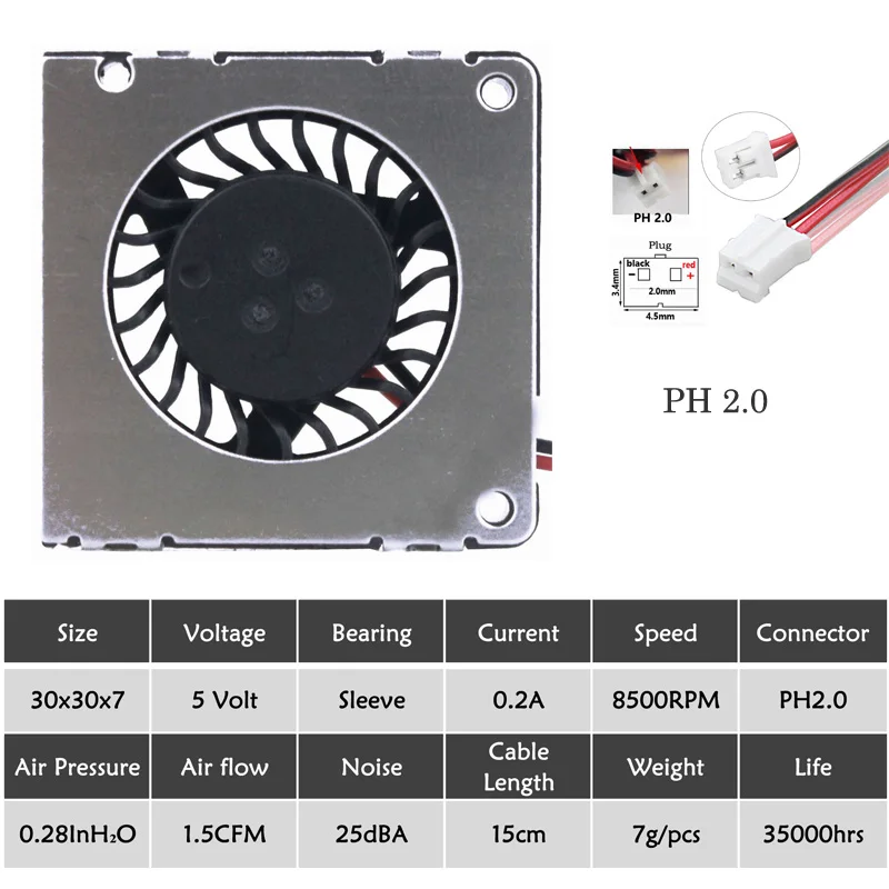 

1PCS Gdstime 5V 3CM 3007 30mmX30mmX7mm Sleeve Blower 30x30x7mm 30mm 0.2A Mini DC 2P Cooling Fan