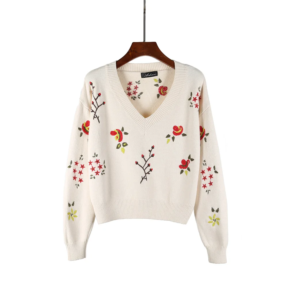 Женский вязаный свитер в стиле ретро свободный с длинным рукавом и v-образным