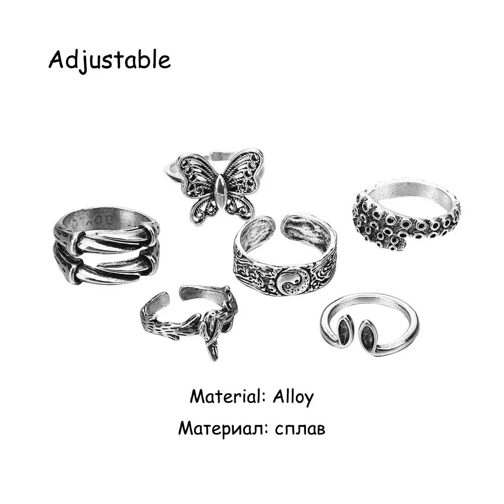 Кольцо унисекс серебристого цвета регулируемое в стиле панк Готическая змея