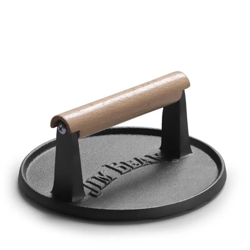 

Round large barbecue tool cast iron wooden handle steak plate