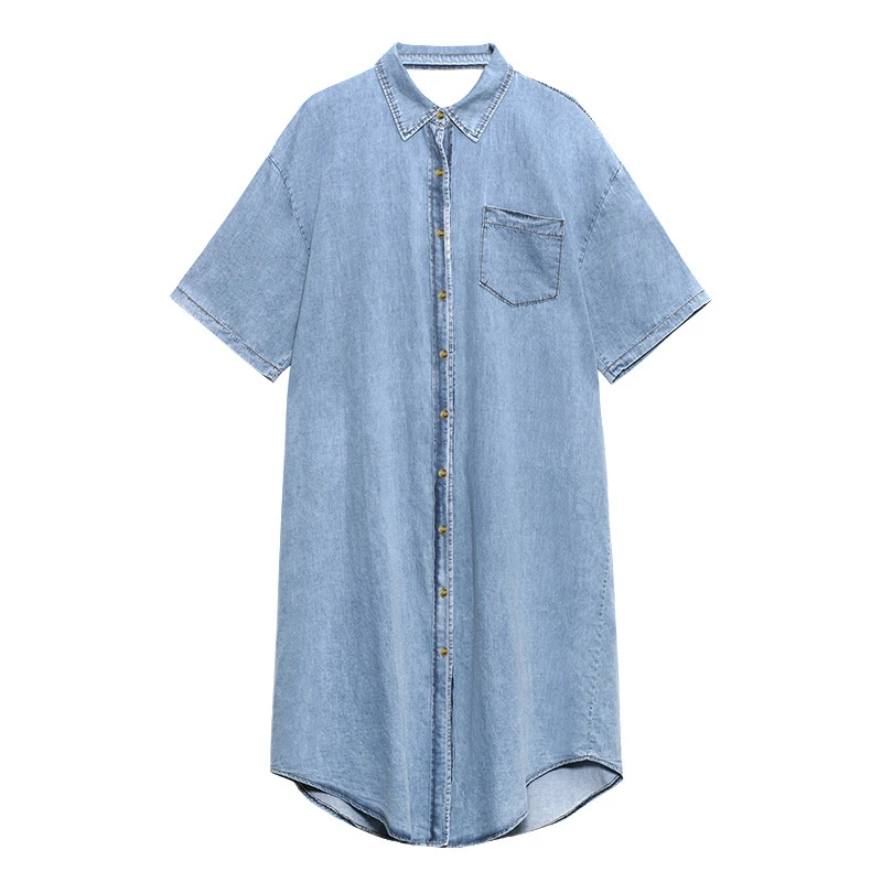 

CHICEVER Denim Dress For Women Lapel Collar Short Sleeve Single Breasted Solid Dresses Females Fashion Clothing 2021 Summer New