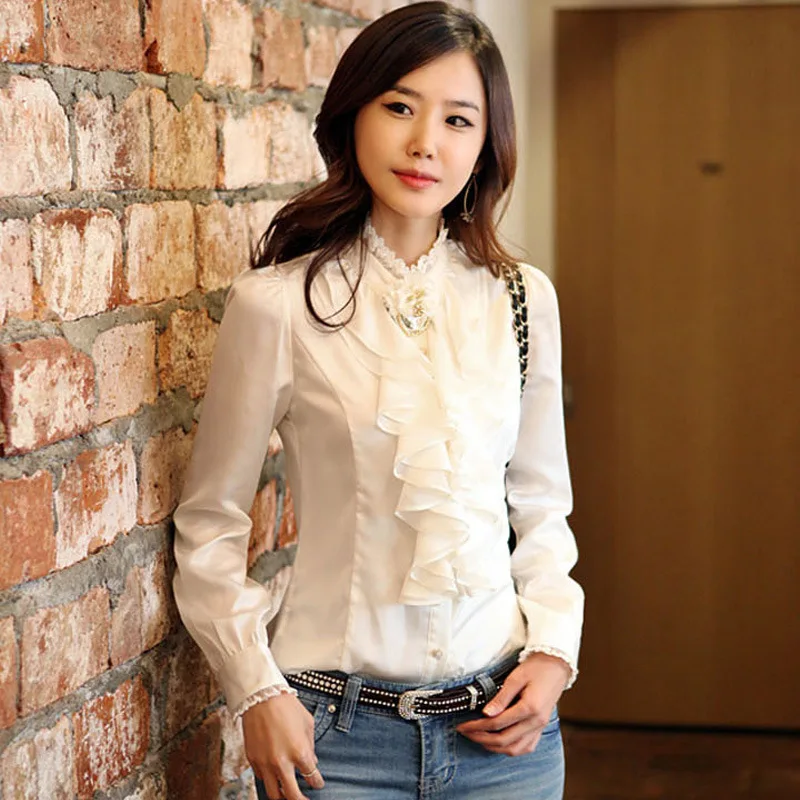 Блузка женская с воланом и воротником-стойкой роскошная шелковая рубашка под