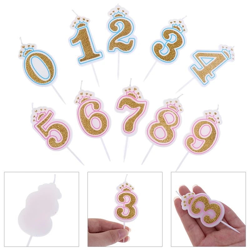 

1Pcs Shinning Gold Pink/Blue Happy Birthday Number Candles 0-9 For Kids Adult Girls Birthday Party Crown Candles Cake