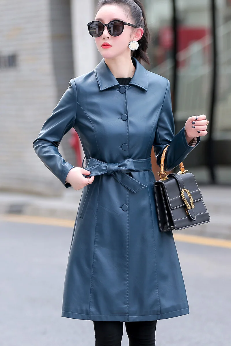 

JCHB 2021 leather Leather Coat Women's Mid-length windbreaker slim women's spring and autumn wear lace-up leather jacket large