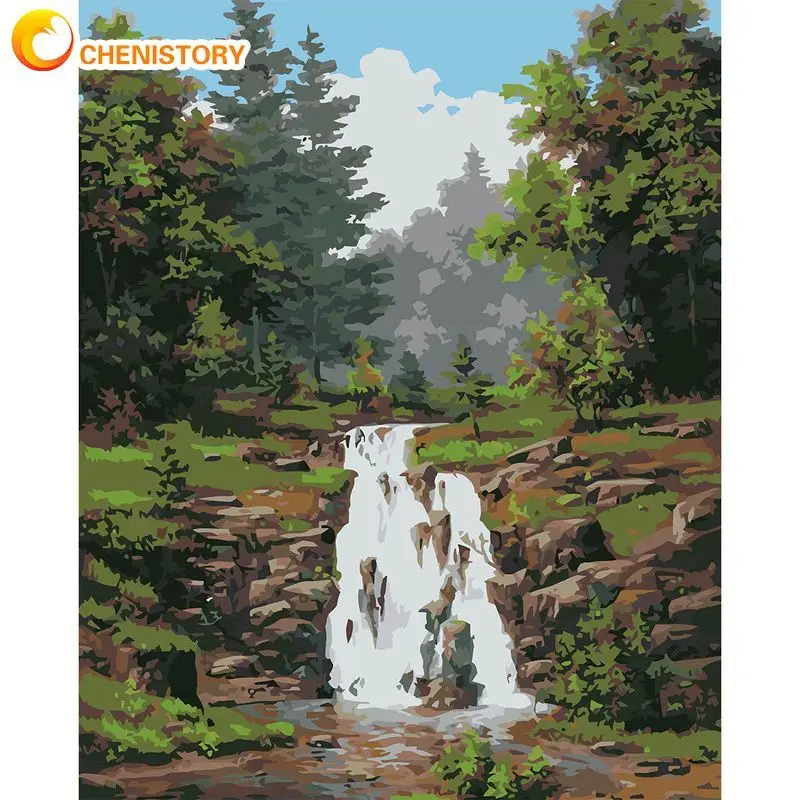 

CHENISTORY Picture Painting By Numbers For Adults With Frame 60x75cm Modern Waterfall Scenery Coloring By Numbers For Diy Gift