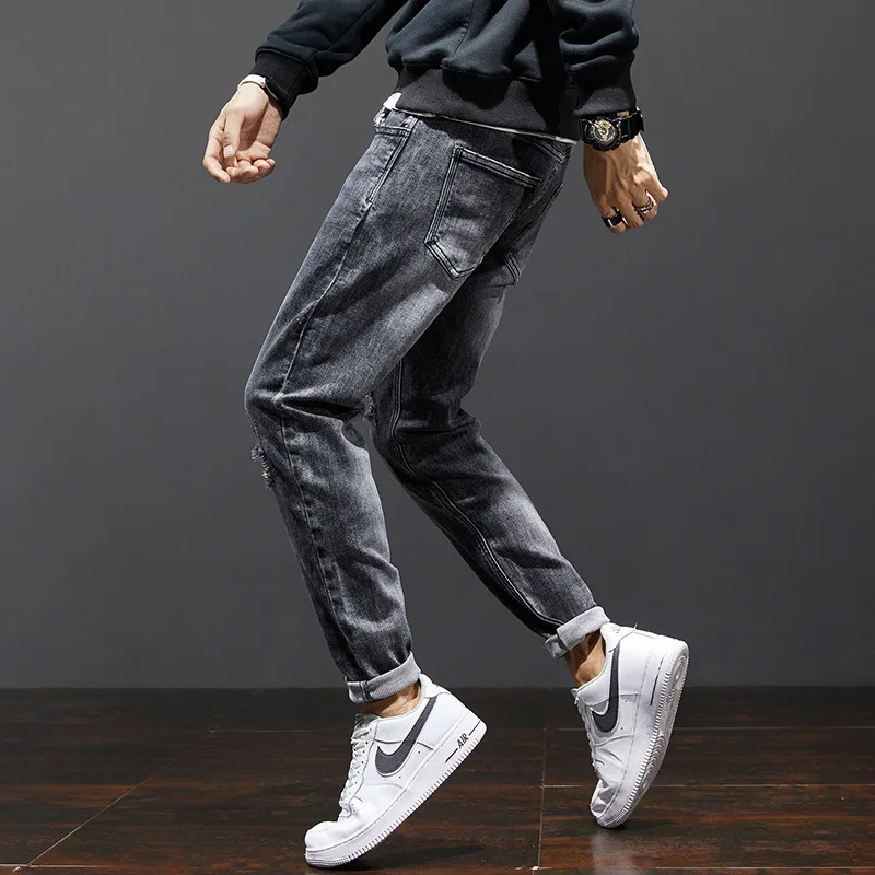 

Мужские рваные джинсы в стиле ретро, черные или серые Эластичные зауженные брюки-карандаш из денима, уличная одежда в стиле хип-хоп, 2021
