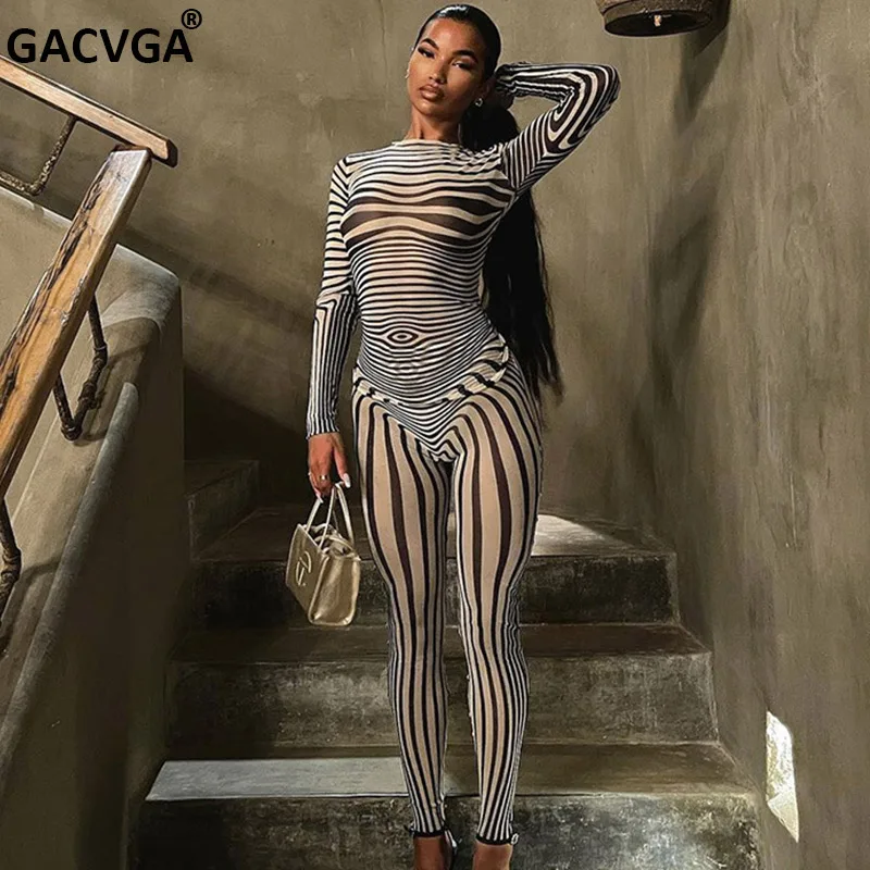 

GACVGA Water Ripple Mesh Pants Suits Sexy Women Two Piece Set Long Sleeve Shirt Top And Bodycon Pant Streetwear Fashion Outfits