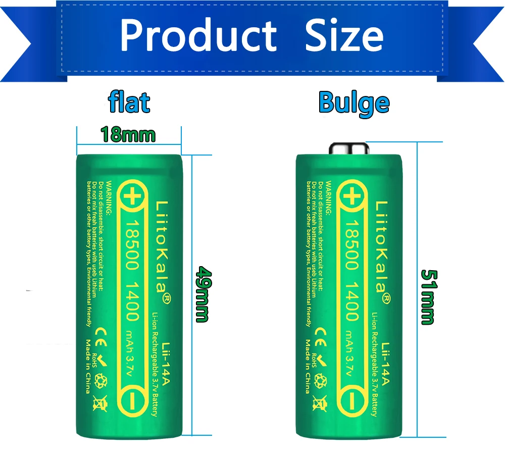 

LiitoKala Lii-14A 18500 1400mah rechargeable Battery 18500 battery 3.7V For lashlight Wholesale Safe Li-Ion
