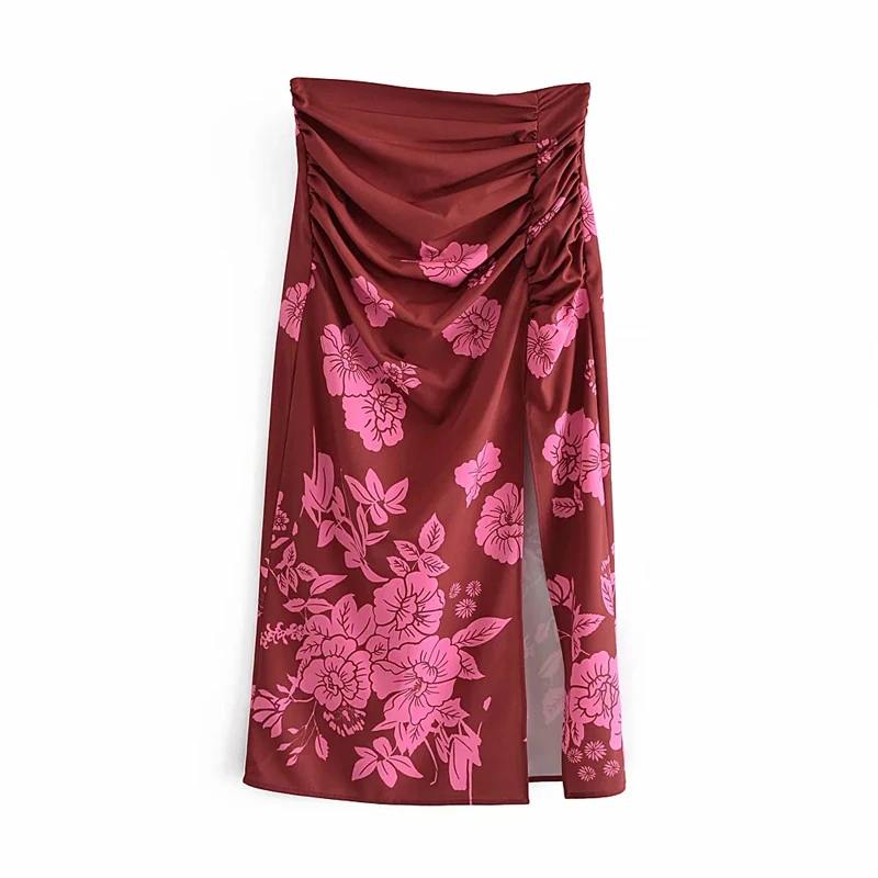 

Za Women Floral printed draped skirt 2021 Fashion gathered high-waist midi Woman skirt vintage slit zip skirts For Women