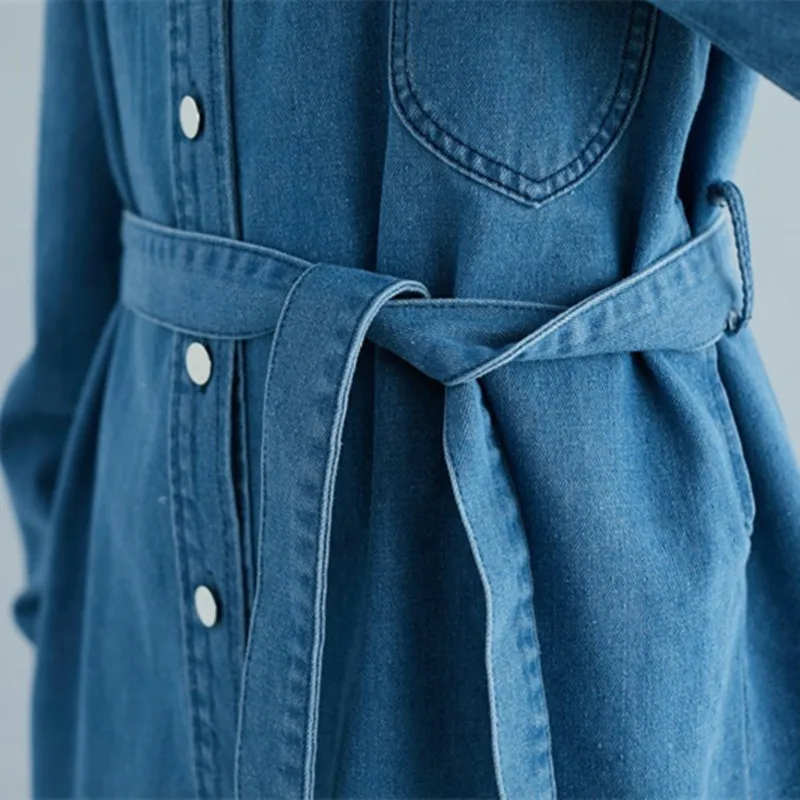 

Johnature 2021 New Casual Korean Long Denim Coats Spring Loose Jeans Turn-down Collar Bandage Plus Size Women Jackets