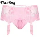 Трусы мужские кружевные сексуальные трусики с низкой посадкой, с оборками, экзотический выпуклый мешочек, Т-образные трусы, ночное белье с двумя маленькими бантиками