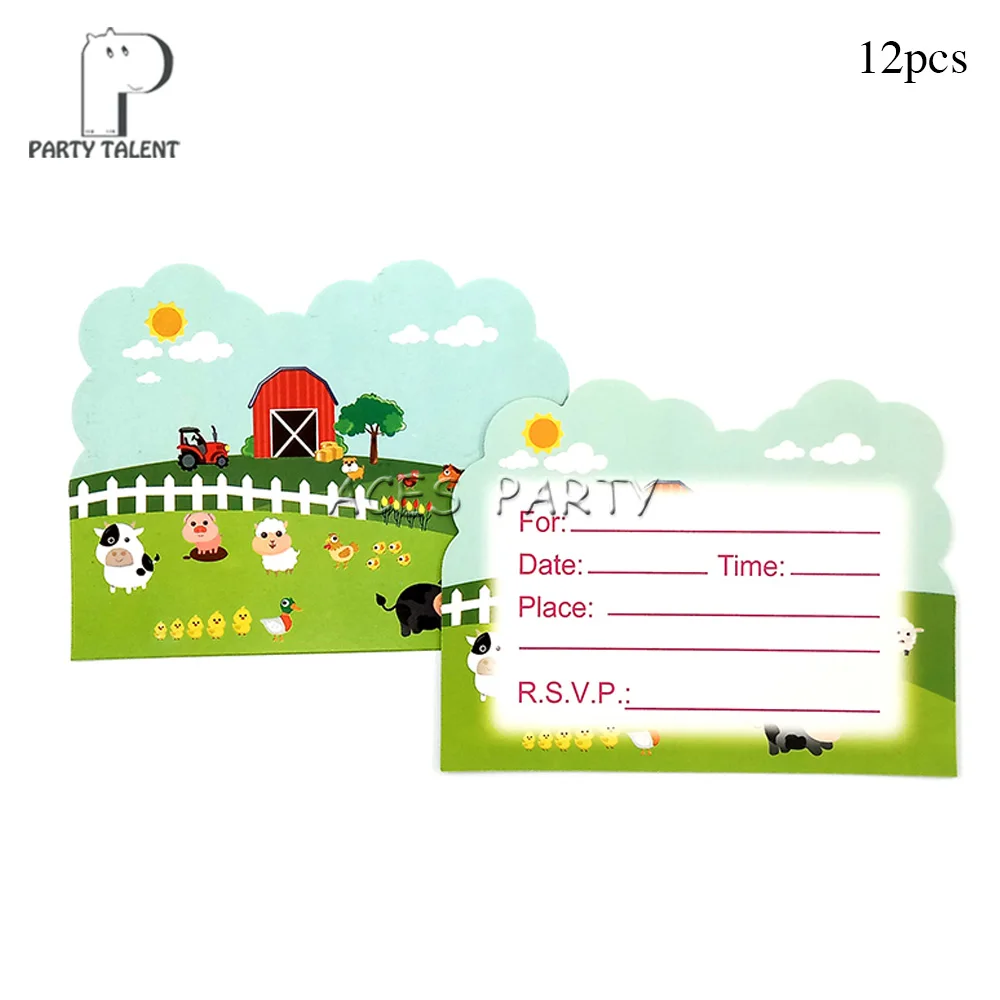12pcs invitationcard Boys Kids Farm Animal theme table cloth table cover, birthday party Tableware Balloon Candy Box Flag Plate Cup Party Supplies - Цвет: 12pcs invitationcard