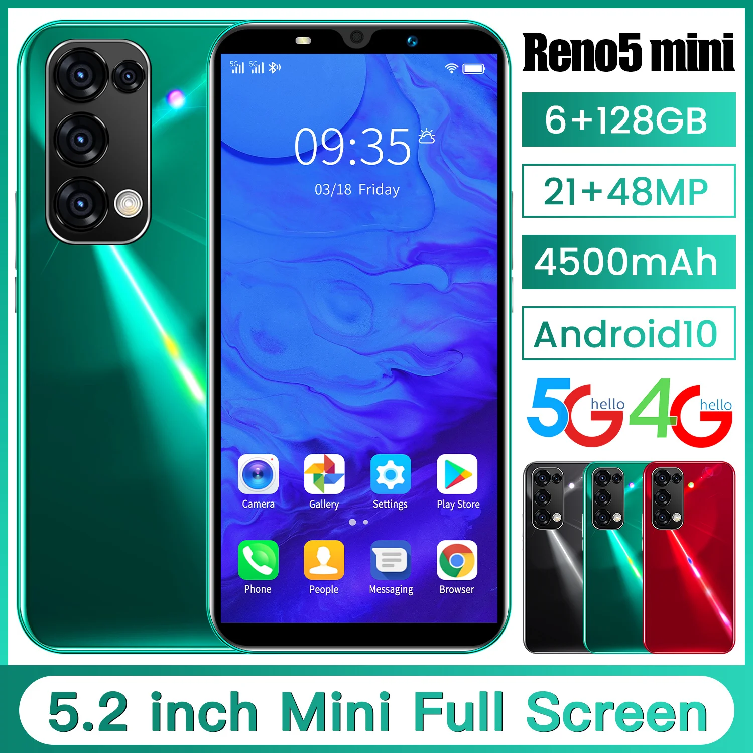

Global Version Reno5 MINI 5.2Inch Full Screen 6+128GB MTK6895 10Core 21MP+48MP 4800MAH Finger Face Unlock Dual SIM 5G LTE Bands
