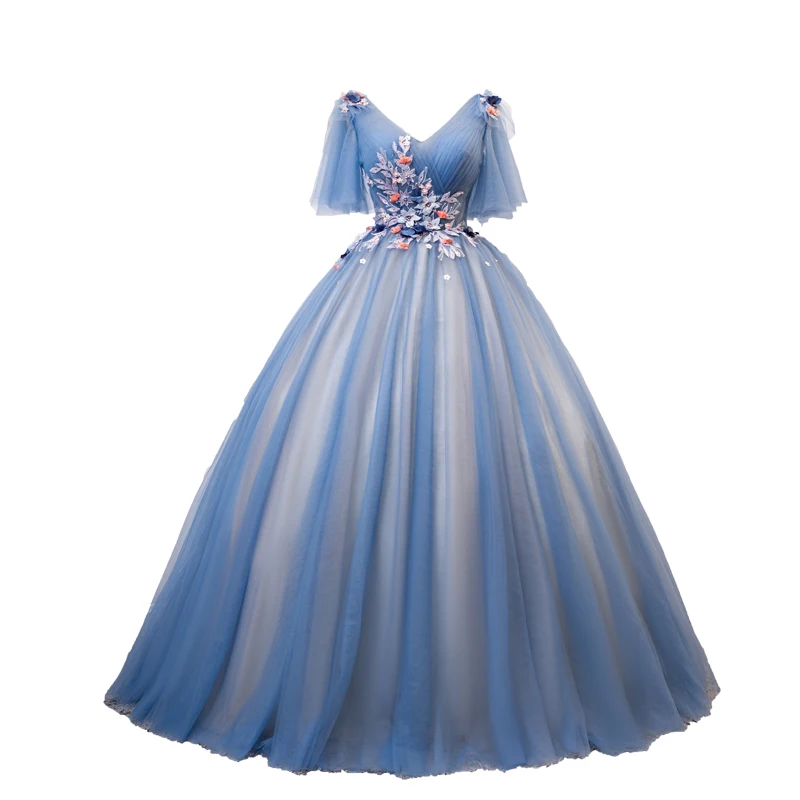 100% реальные светло голубые бабочки рукава beaidng бальное платье средневековый