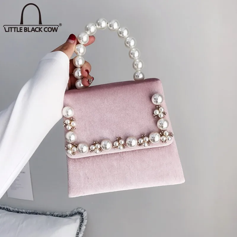 

Womens Cute Mini Velvet Flap Handbag Vintage Ladies Pearls Diamonds Beading Chain Sling Shoulder Bag Small Party Crossbody Bags