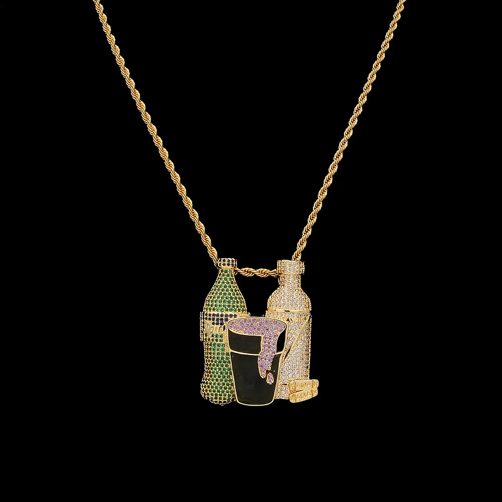 

Double Sprite Bottle Purple Color Cup Hip Hop Pendant Necklace Gold Color Cubic Zircon Men's Ms Jewelry With