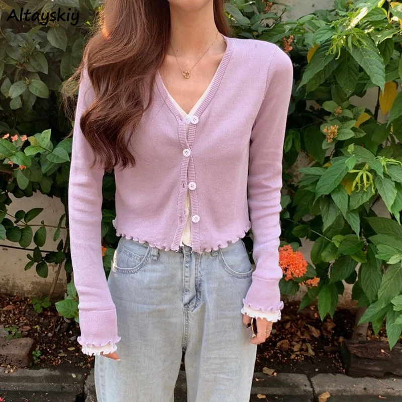 

Cardigans Women Knitted Solid Fake 2 Pieces Sweet Cozy Single Breasted Elasticity Gentle Korean Style All-match Sweaters Female