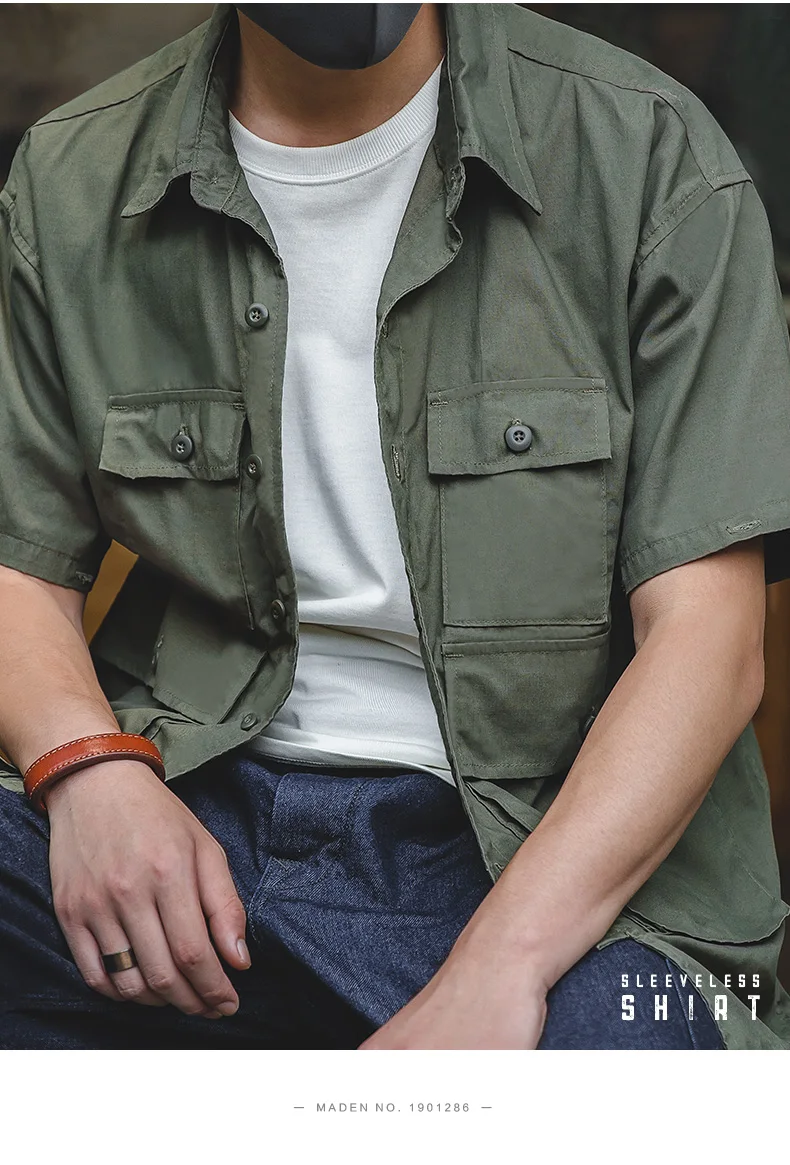 Maden Men's Retro Army Green Detachable Sleeve Shirt Vintage Big Pocket Shirt Men