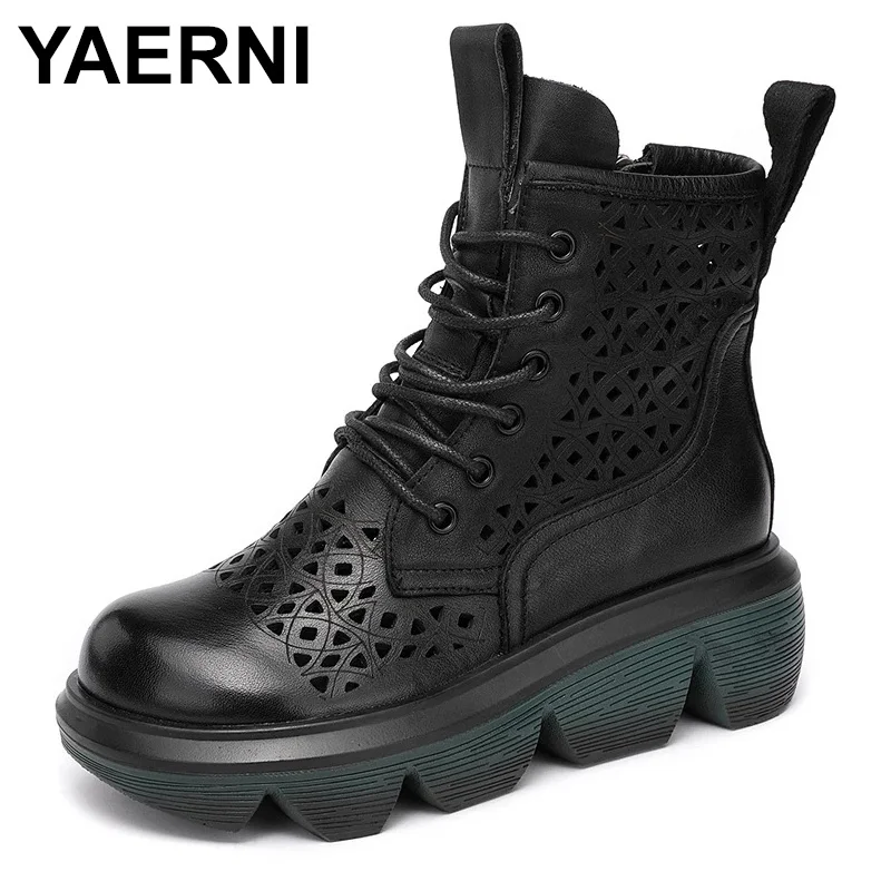 

Женские босоножки YAERNI, из натуральной кожи, в стиле ретро, на платформе, с вырезами, на молнии, ручной работы, лето 2021