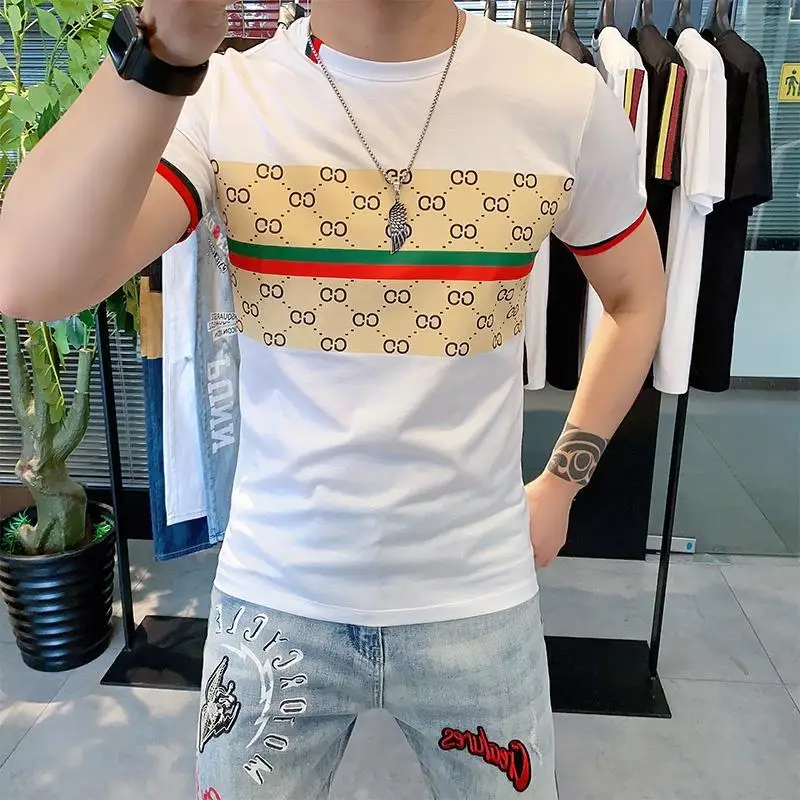 

2021 Summer Tencel Cotton Short Sleeve T-shirt Men's Personalized Plaid Stripe Printed Round Neck Half Sleeve