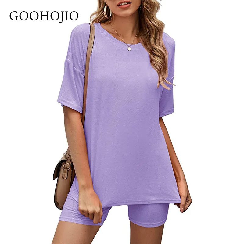 

GOOHOJIO 2021 New Spring and Autumn Comfortable Women Sportswear Sets Pure Color Tight Sets Women Short Sleeve Two-piece Suit