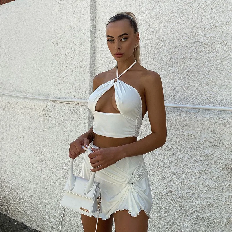 

LittleHouseGirl2021 Spring And Summer New Halter Neck Cutout Halter Top Short Skirt Suit Women's Fashion Hot-selling Luxury