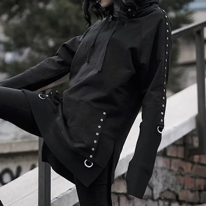 Готический пуловер оверсайз с железным кольцом Женская толстовка капюшоном