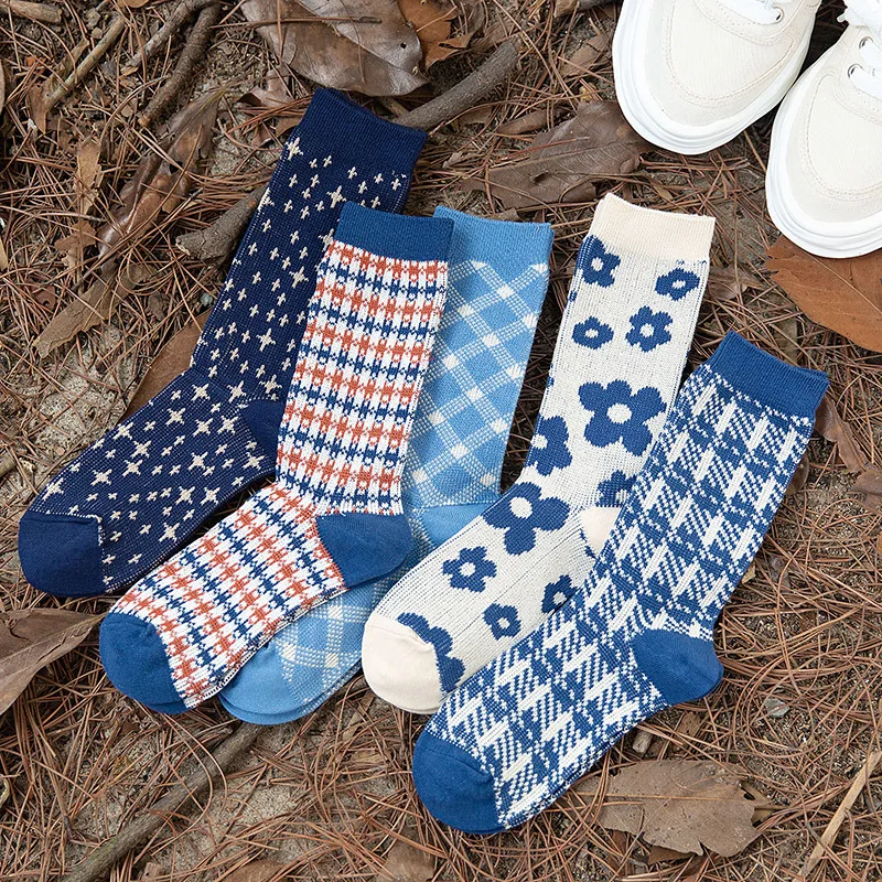 Women Socks Autumn Winter New Socks Fashion Lattice,Lingge,Floral,Blue Starry Sky Cotton Knit Preppy Style Casual Student Socks