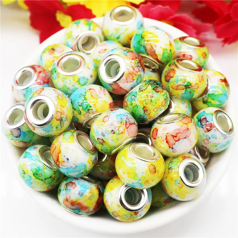 

20Pcs Flower Art Print Large Hole Spacer Beads Fit European Pandora Bracelet Pendant Necklaces for DIY Women Hair Jewelry Making