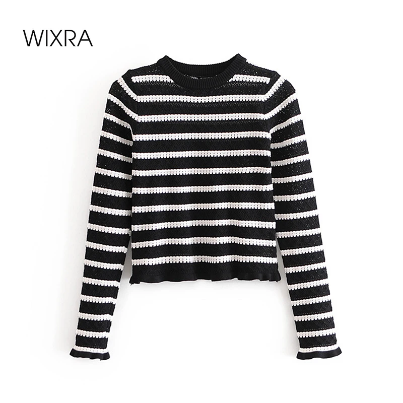 

Wixra Ladies Knitted Sweater Womens Striped Pullovers Autumn Spring O Neck Ruffles Jumper Tops New Knitwear