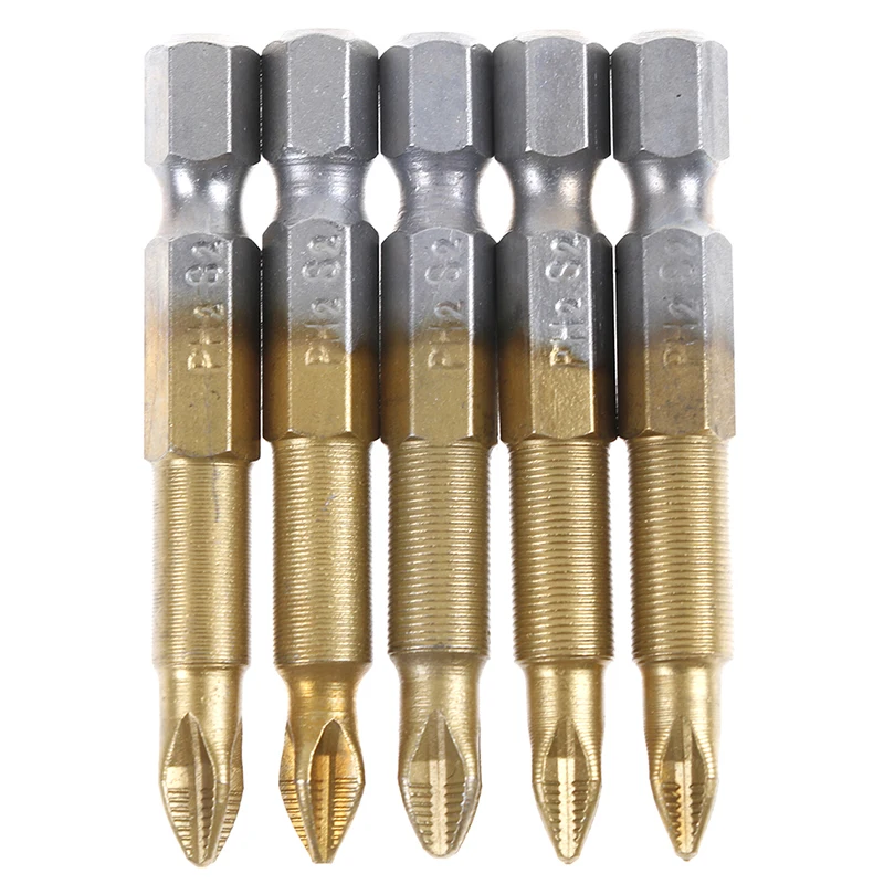 

5pcs/set Anti Slip Electric Screwdriver Bits 1/4" Hex Shank Titanium Coated Screwdriver Bits PH2 50mm