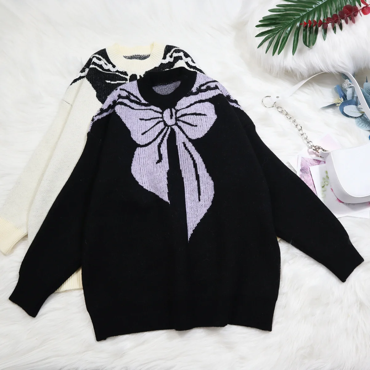 

Свитер EBAIHUI, Женский пуловер с круглым вырезом и бантом, вязаный модный джемпер в Корейском стиле, свободная верхняя одежда в стиле преппи, ш...