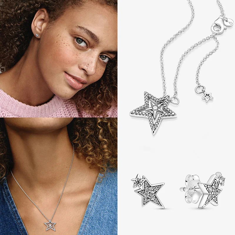 

2021 New Style 925 Sterling Silver Asymmetric Star Clavicle Necklace And Earrings Women Original Brand Exquisite Jewelry Gifts