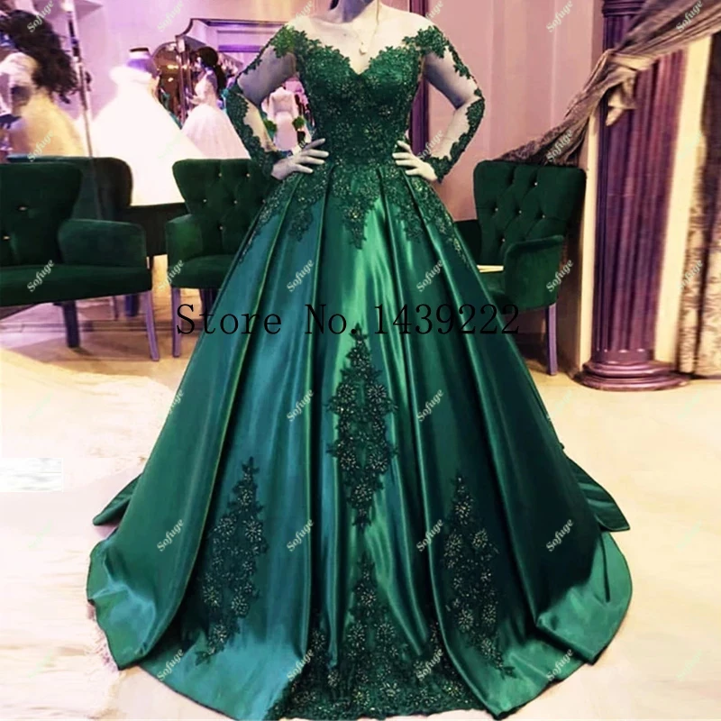 

Sofuge Green Ball Gown Satin Evening Dress Long Beads Appliques Celebrity Formal Dresses Robe De Soiree Wedding Party Lace Up
