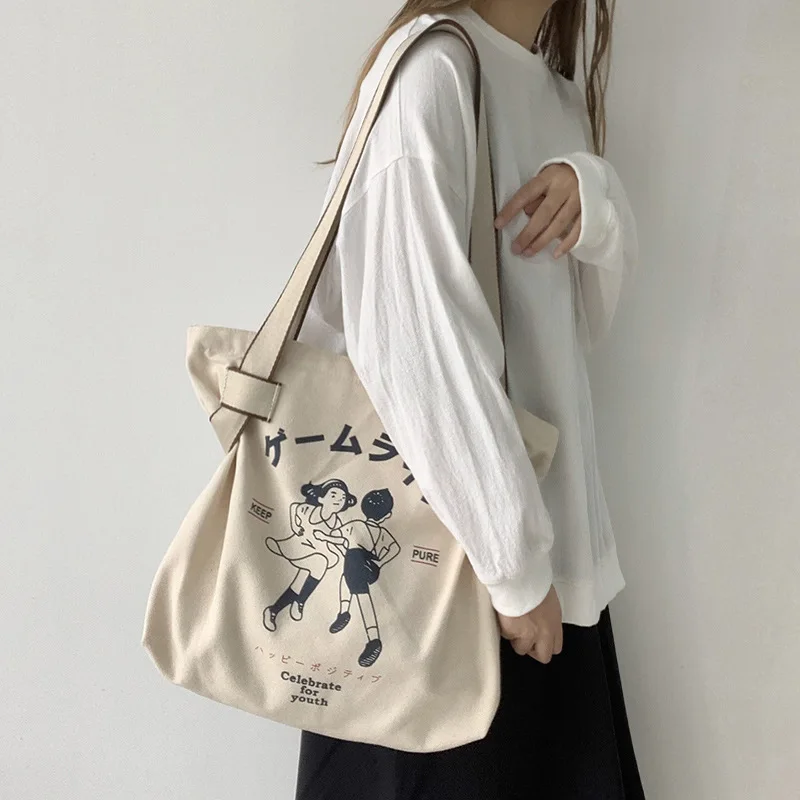 

Bags for Women Casual Eco Shopping Bags Japanese Style Cartoons Pattern Print Shopper Shoulder Bag All-match Canvas Tote Bag