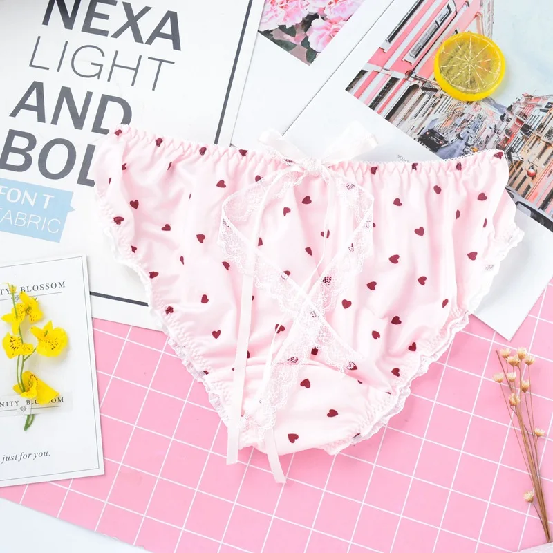 Атласное шелковое нижнее белье с принтом в виде сердца сексуальные кружевные