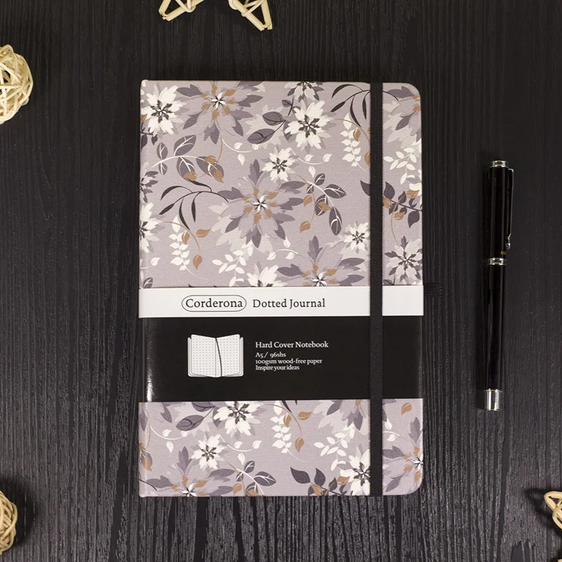 A5 Grey Flowers Bullet Dotted Journal Floral Elastic Band Planner Diary Hardcover Notebook