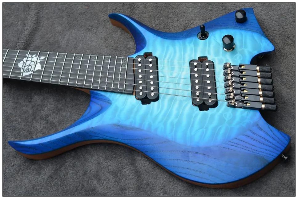 2021new aufgefächert bünde 7 saiten headless e gitarre blau farbe 5 lagen gerösteten ahorn hals ebenholz griffbrett mit inlay free glob