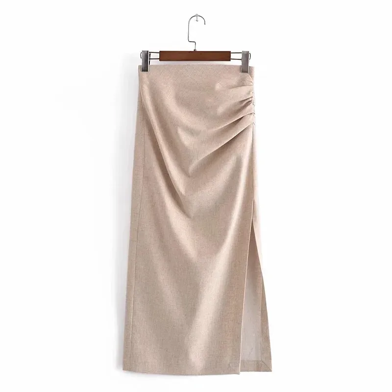 

2021 Linen Blend Draped Long Skirts Woman Fashion High Waist Midi Skirt With Side Slit Pleats Elegant Summer Skirt