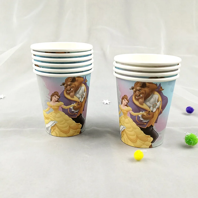 10pcs cup Красота и чудовище тема Дети сувениры украшения день рождения тарелки скатерть чашка соломинки флаг нож вилка ложка душ ребенка - Цвет: 10pcs cup