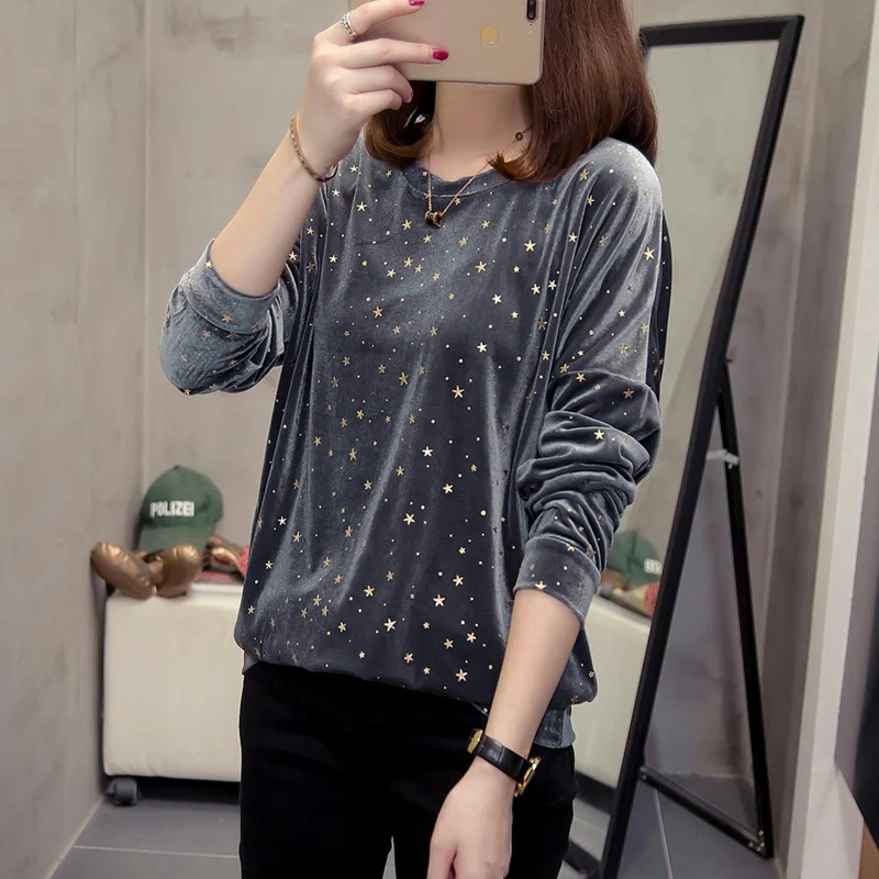 

Флисовая одежда большого размера с черными звездами, корейская мода, осенняя Женская одежда, Женский пуловер, свитшот, кавайная винтажная о...