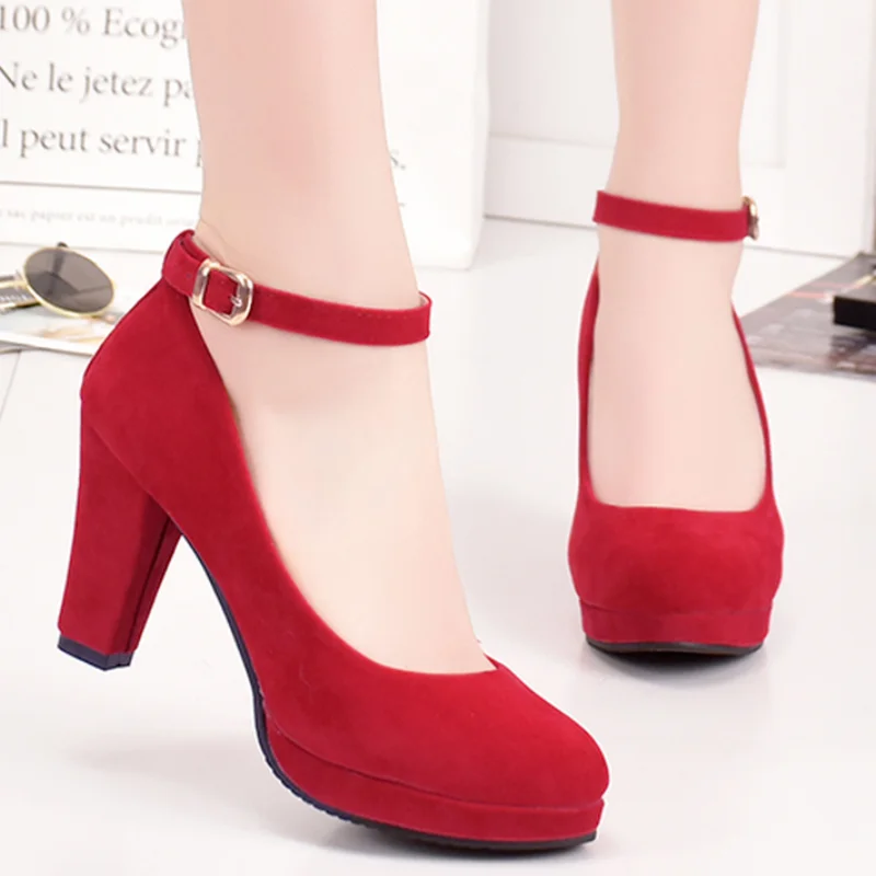 

Ankle Strap High Heels Sweet Women's Pumps Flock Woman Thick Flock Platform Mary Jane Women Party Shoes Buckle Ladies Footwear