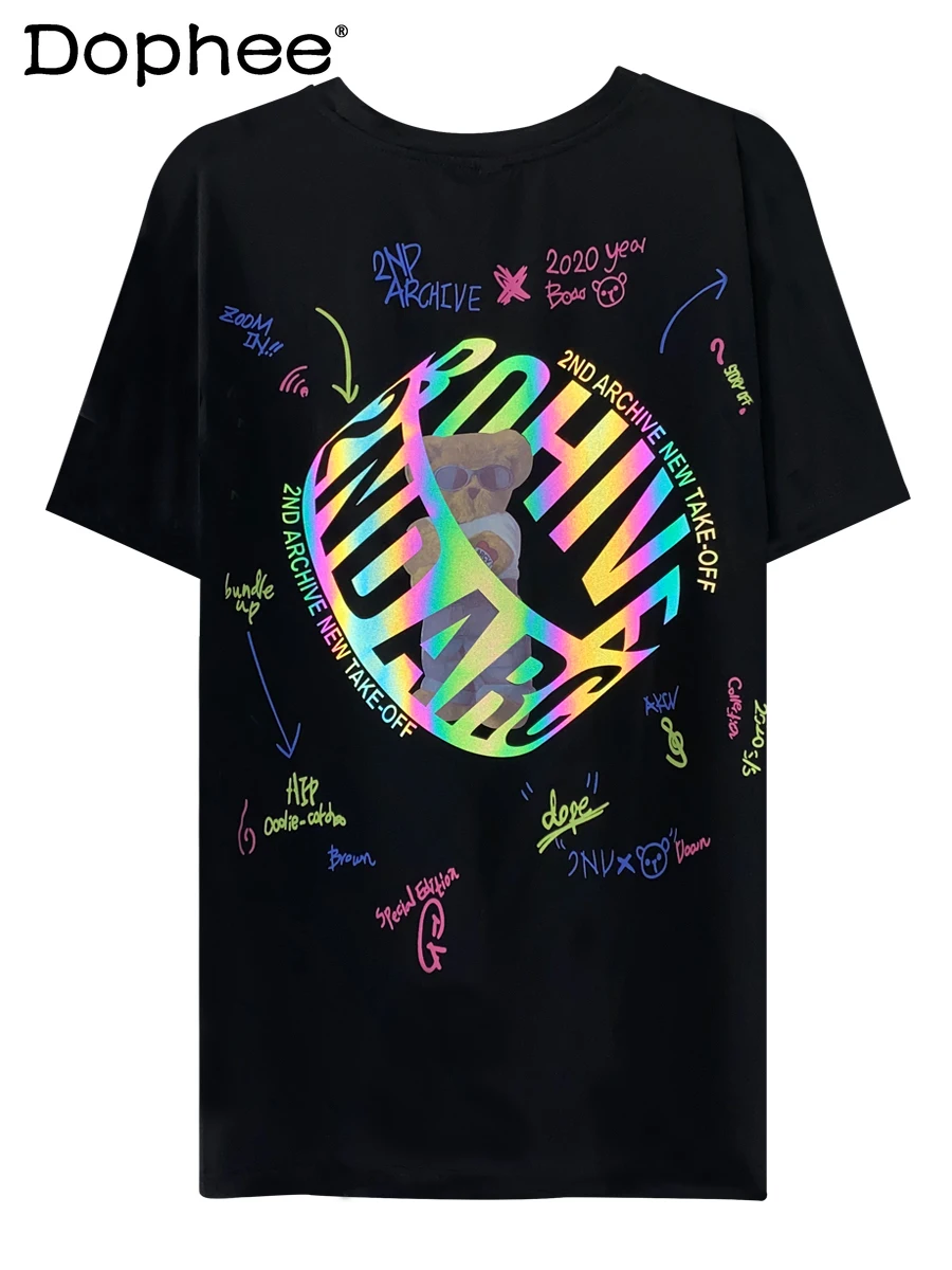 

Футболки из люминесцентного материала для женщин; Детское платье с короткими рукавами с середины Длина футболка Ins европейского размера пл...