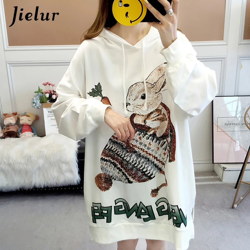 Jielur осенняя свободная негабаритная с капюшоном для женщин милый кролик